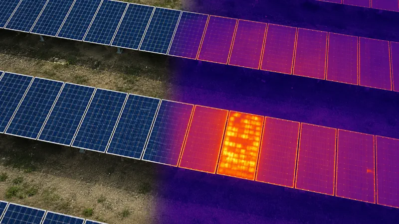 Imagen térmica de módulos fotovoltaicos con anomalías detectadas mediante dron